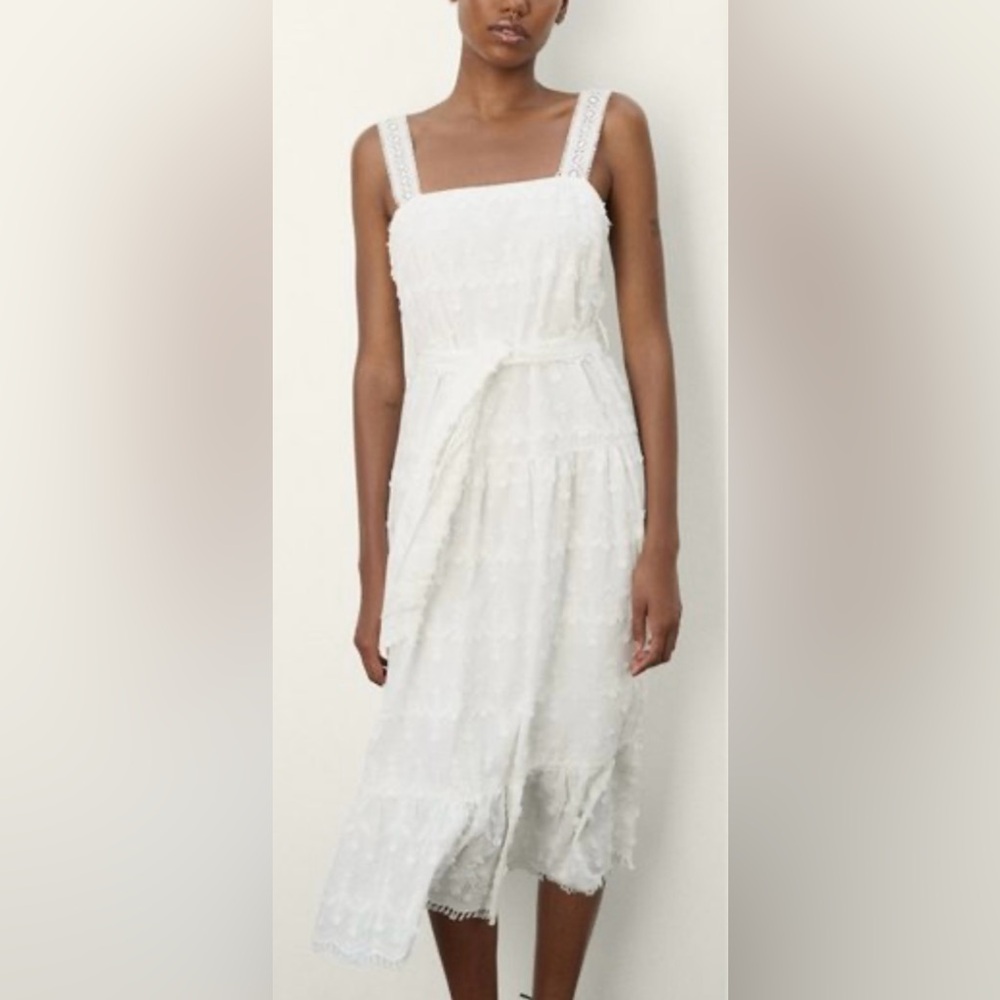 Zara White Cotton Textured Midi Dress with Lace Straps, size Small